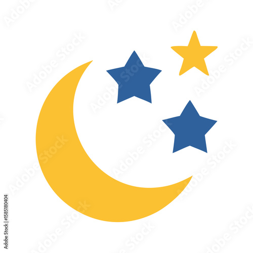 Yellow crescent moon with stars in modern flat style