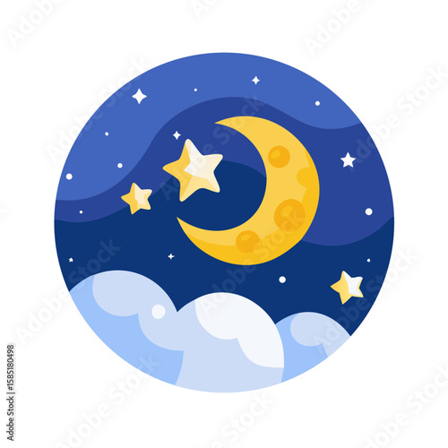 Cartoon moon and stars in night sky with clouds