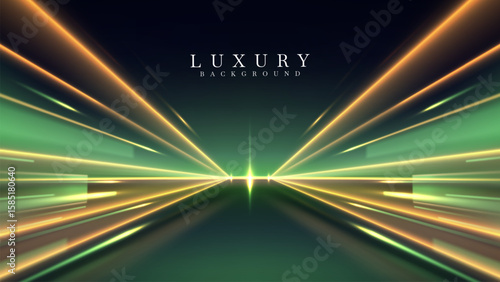 Green northern lights scene glowing in the night sky decorated with golden glow effect and stars, luxury style background design concept.
