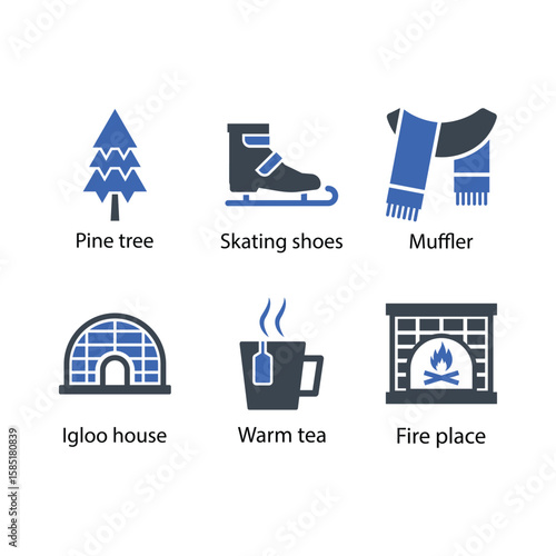 Pine tree, Skating shoes, Muffler, Igloo house, Warm tea, Fire place, icon