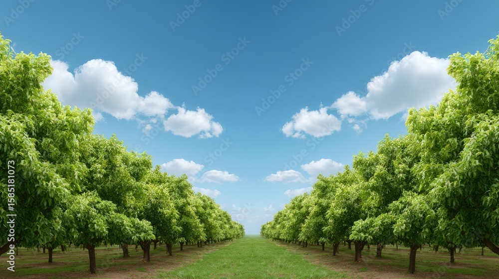 Lush Green Orchard Pathway Under Clear Blue Sky with Fluffy Clouds in Bright Daytime Setting Lush Green Orchard Pathway Under Clear Blue Sky with Fluffy Clouds in Bright Daytime Setting