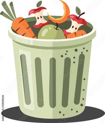 A green trash can filled with discarded fruits and vegetables.