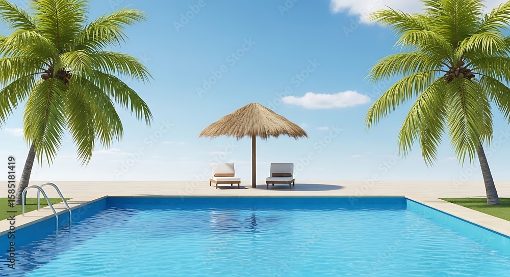 Fototapeta premium Swimming Pool with Palm Trees and Shade Umbrella on Sunny Day