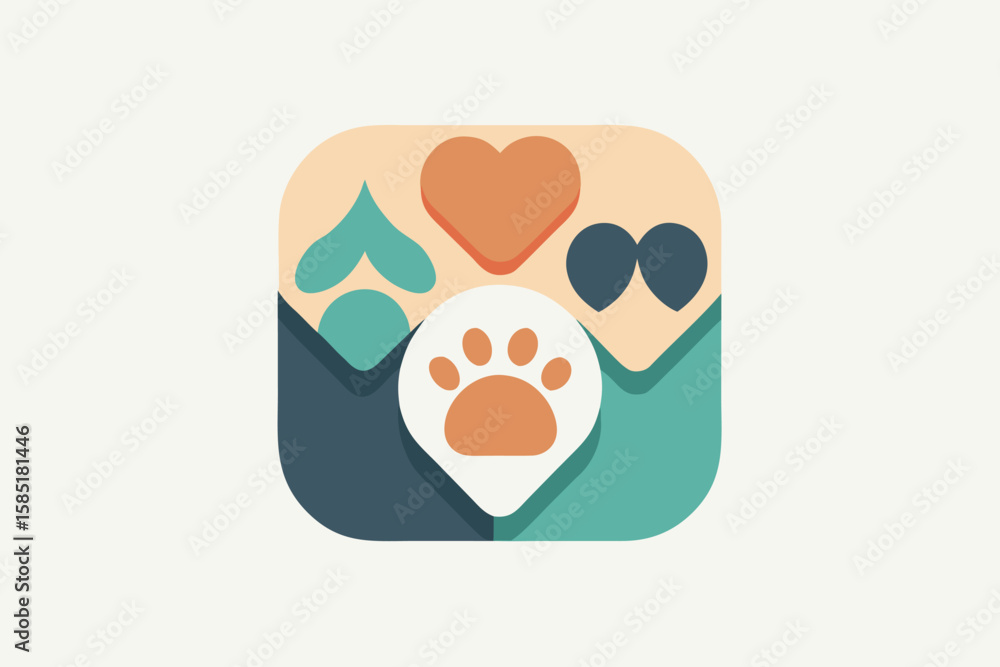Fototapeta premium Abstract illustration with paw print heart and decorative elements representing pet love and care