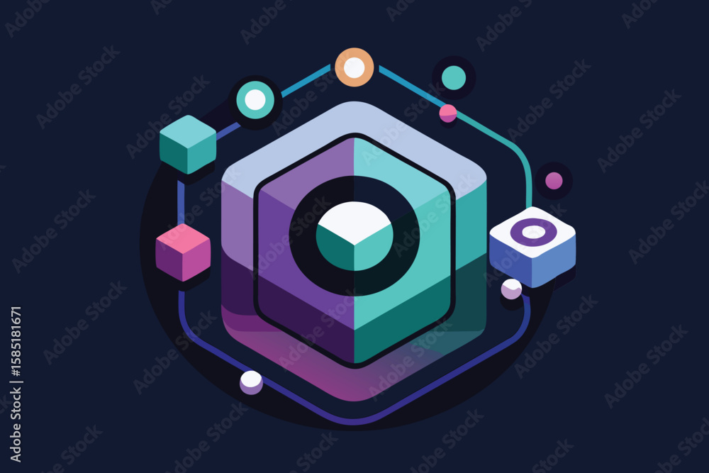 Naklejka premium Abstract isometric illustration with gradient colors showcasing data flow and connections on a dark background