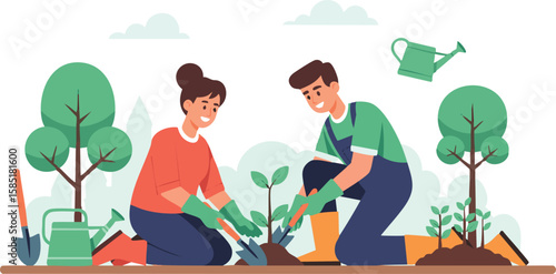 Two people planting saplings in a garden, showing teamwork and care for nature.
