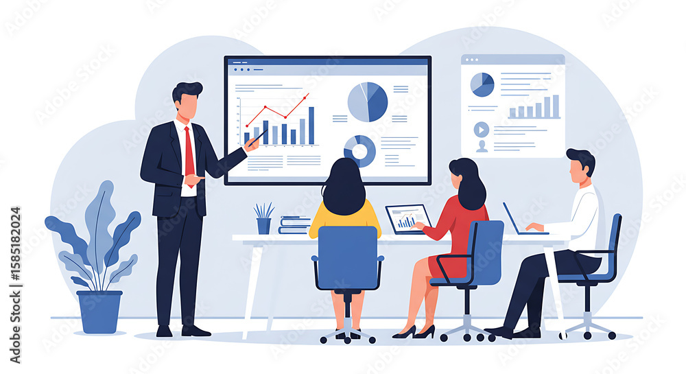 Obraz premium A modern vector illustration of a diverse team collaborating in a business meeting. A presenter discusses an organizational chart on a whiteboard.