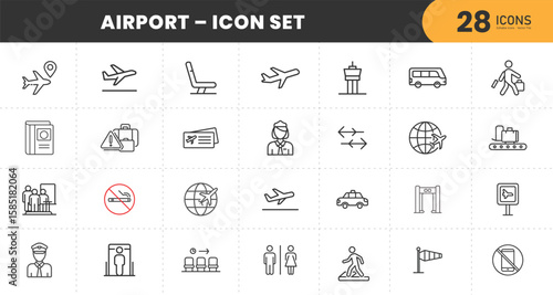 Modern Airport Icon Set – 28 Minimal Line Icons for Travel, Airplane, Security, Passport Control, Luggage, Flight, Navigation, Departure, Arrival, Taxi Service, and Airline Staff – Editable Vector 
