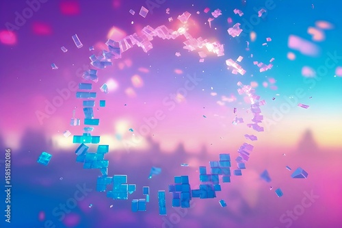 Floating Glass Cubes Forming a Ring in Dreamy Fantasy Sky