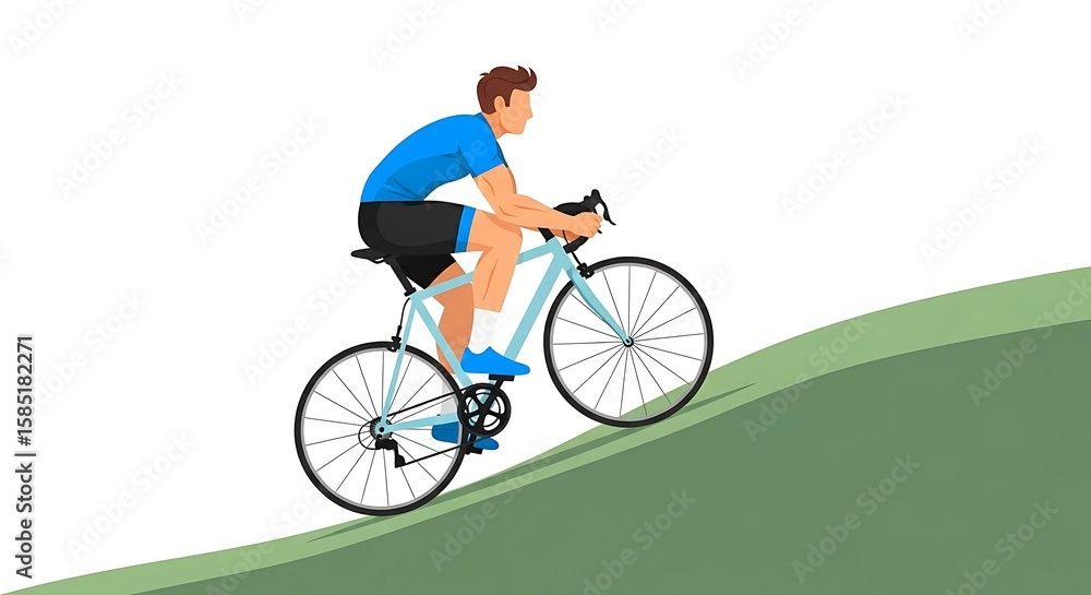 Fototapeta premium Cyclist Riding Bicycle Uphill on Green Slope Graphic