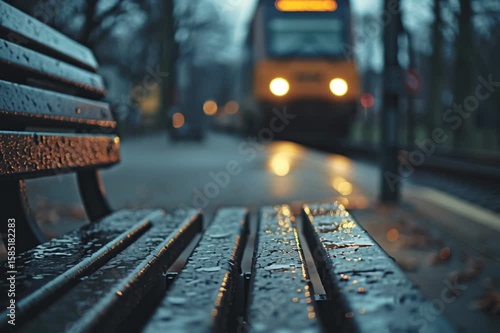 Wet wooden bench glistens under soft light as a train pulls in. The scene captures stillness before movement on a quiet, rainy morning.

