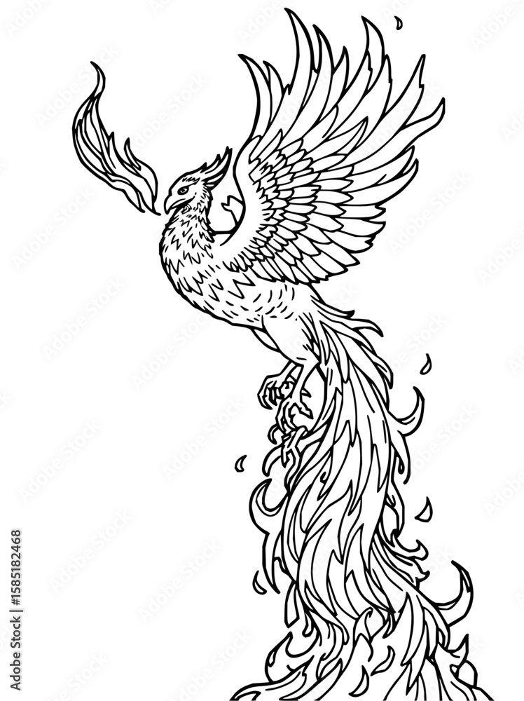 Fototapeta premium Minimilist detailed line art of a phoenix rising with wings spread and tail in flames on white background vector