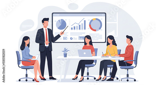 A modern vector illustration of a diverse team collaborating in a business meeting. A presenter discusses an organizational chart on a whiteboard.