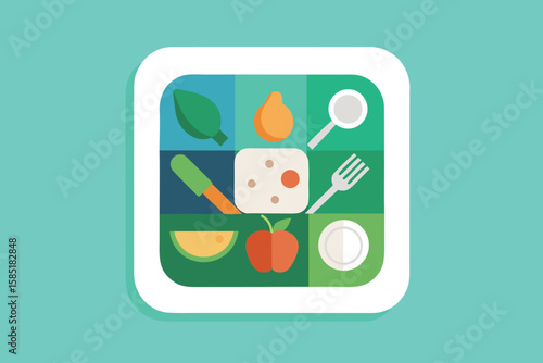 Colorful stylized illustration featuring various healthy food elements and tableware arranged within a square composition.