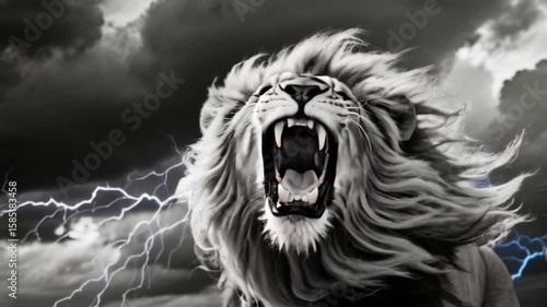 A black and white portrait of a roaring lion with its mane flowing in the wind, set against a dramatic storm-filled sky, perfect for lion day