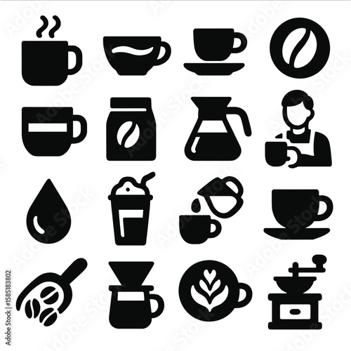 Solid Coffee Icons. Solid style icons of coffee silhouette: mug with steam curls, cup with coffee waves, espresso cup set, bean