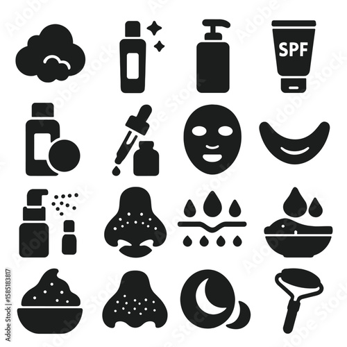 Facial Skincare Icons. Solid style icons of facial skincare routine: foaming cleanser cloud, essence bottle with sparkles,