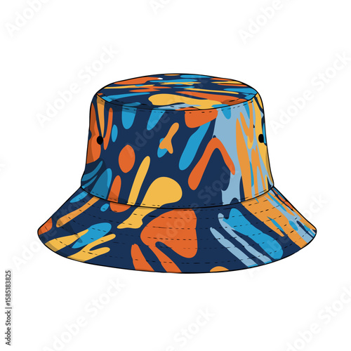 Colorful bucket hat with abstract pattern in blue and orange  