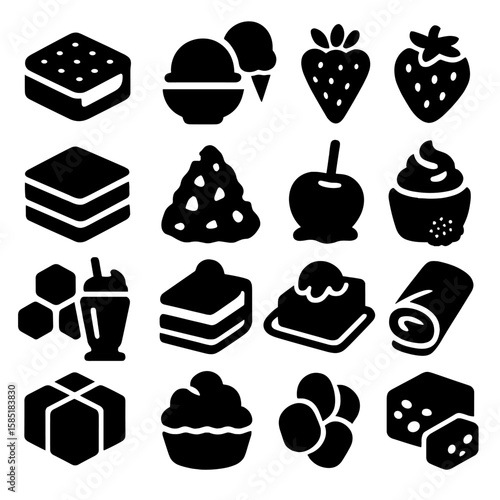 Dessert Icon Collection. Solid style icons of desserts: ice cream sandwich, fruit sorbet scoop, waffle cone trio, chocolate dipped