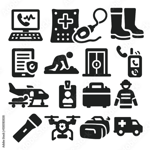 Emergency Services Icons. Solid style icons of emergency services: emergency dispatch terminal, mass casualty triage tarp, rescue