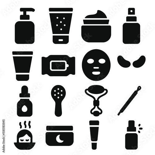 Facial Skincare Essentials. Solid style icons of facial skincare routine: facial cleanser bottle, exfoliating scrub tube,