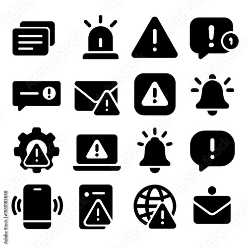 Alert Icons Collection. Solid style icons of notification and alert: stacked notification cards, blinking light beacon, warning