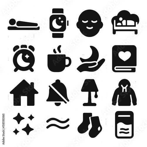 Relaxation Icons Set. Solid style icons of sleep and relaxation: person lying on mat, digital sleep monitor, calm face with closed