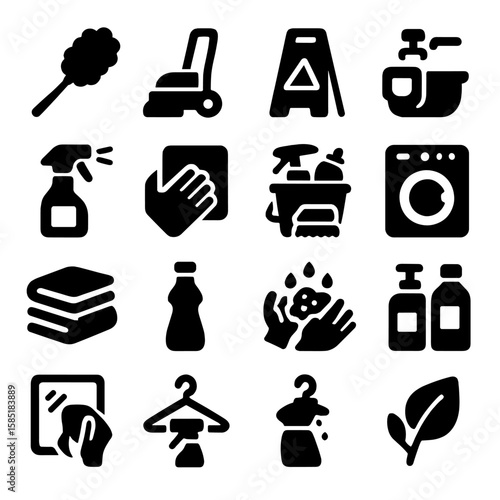 Home Cleaning Icons. Solid style icons of home cleaning: dusting duster tool, carpet cleaner machine, wet floor caution sign, sink