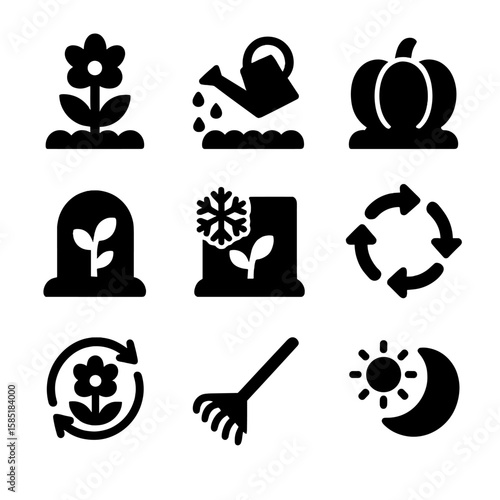 Seasonal Gardening Icons. Solid style icons of seasonal gardening: spring bloom, summer heat care, autumn harvest, winter cover,