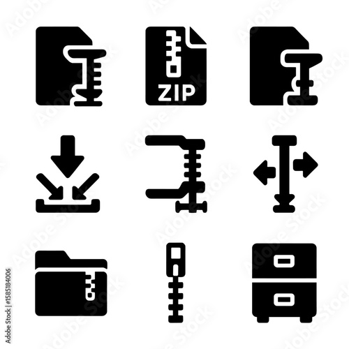 File Compression Icons. Solid style icons of file compression: compress file, ZIP archive, RAR file, decompress icon, file