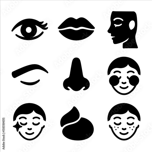 Facial Features Icons. Solid style icons of facial features: eye with lashes, full lips, contoured cheek, eyebrow arch, nose shape