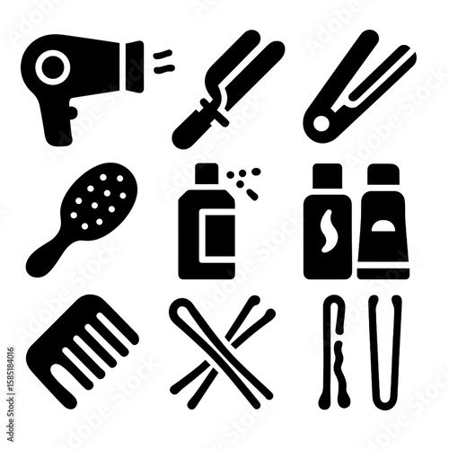 Hair Styling Essentials. Solid style icons of hair styling: hairdryer, curling iron, flat iron, hairbrush, hairspray, hair gel,