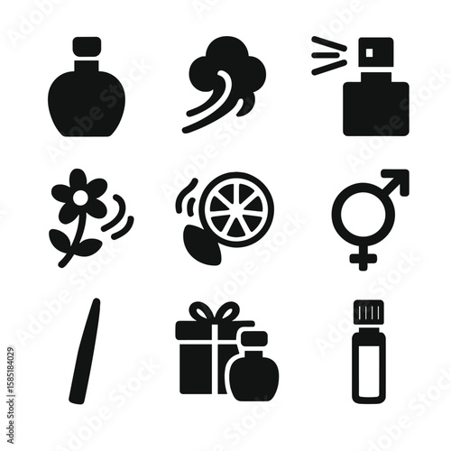 Solid Perfume Icons. Solid style icons of fragrance and perfume: perfume bottle, scent cloud, spray nozzle, floral fragrance,