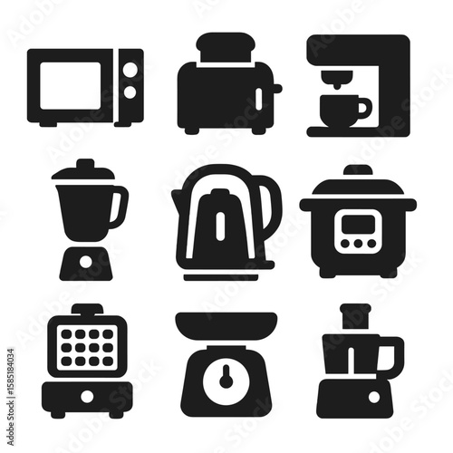 Countertop Appliance Icons. Solid style icons of everyday countertop appliances: microwave, toaster, coffee machine, blender,