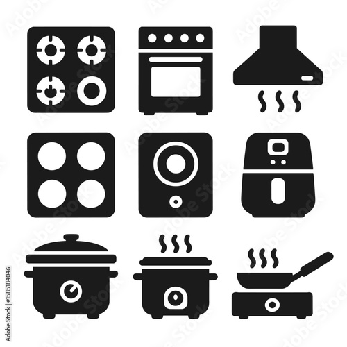 Cooking Devices Icons. Solid style icons of cooking devices: gas stove, oven unit, range hood, cooktop, induction stove, air fryer