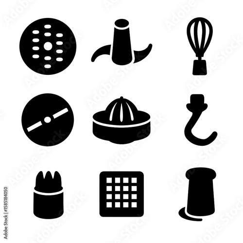 Food Processor Attachments. Solid style icons of food processor attachments: grating disc, chopping blade, whisk attachment,