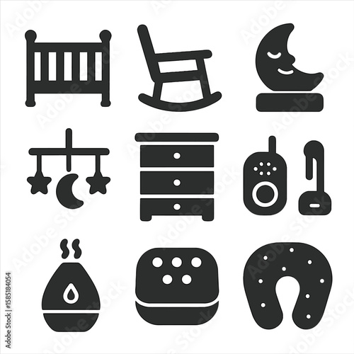 Nursery Essentials Icons. Solid style icons of nursery items: baby crib, rocking chair, night light, mobile with stars, baby