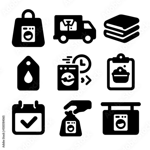 Laundry Service Icons. Solid style icons of laundry service: delivery bag, pickup icon, folded laundry pack, dry clean tag,