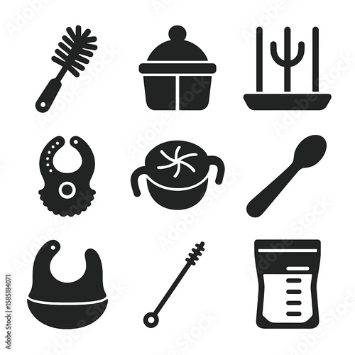Feeding Accessories Icons. Solid style icons of feeding accessories: bottle brush, formula dispenser, drying rack, bib clip, snack
