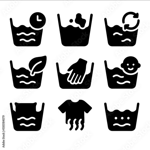Laundry Cycle Icons. Solid style icons of laundry cycles: quick wash, heavy soil, rinse spin, eco wash, hand wash, baby care,