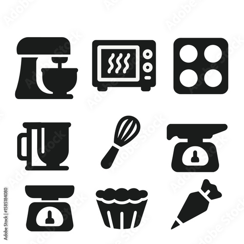 Baking Equipment Icons. Solid style icons of baking equipment: stand mixer, convection oven, whisk tool, baking tray, dough