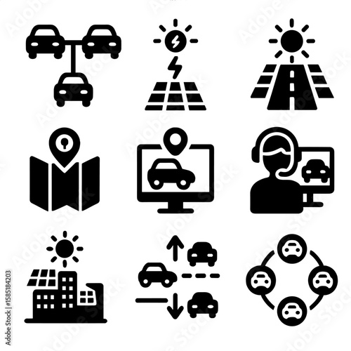 Solar Transport Icons. Solid style icons of solar transport network: connected EVs, smart grid link, solar path road, charging hub