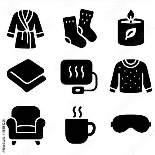 Home Comfort Icons. Solid style icons of home comfort essentials: fluffy robe, wool socks, scented candle, soft throw, heated pad,