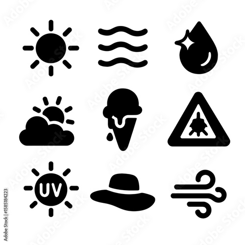 Sunny Day Icons. Solid style icons of sunny day symbols: bright sun, heat wave, water sparkle, shining sky, ice cream drip,