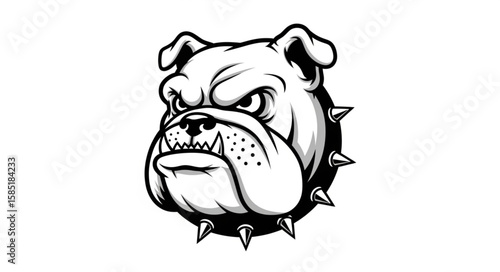 A vector illustration of a bulldog head with a spiked collar in black and white on a white background