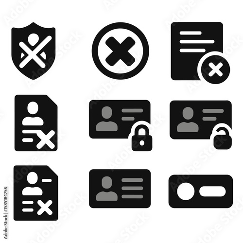 Expired License Icons. Solid style icons of expired or invalid licenses: crossed badge, red X stamp, cancellation form, outdated