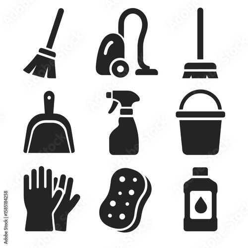 Home Cleaning Icons. Solid style icons of home cleaning tools: broom, vacuum cleaner, mop, dustpan, spray bottle, bucket, gloves,