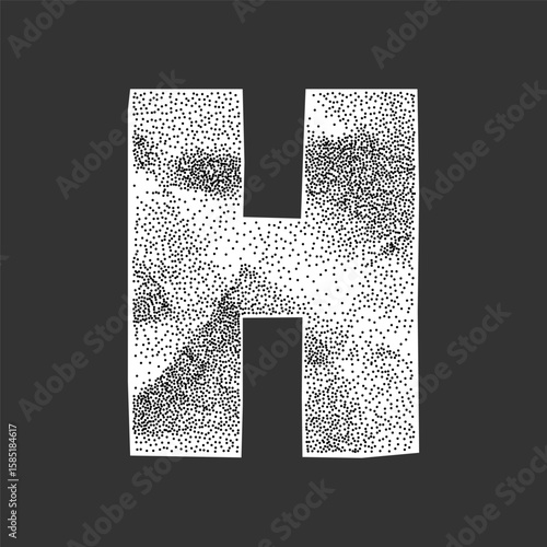 Halftone textured letter H, cut from wrinkled notebook paper. Gritty retro effect, ransom collage font with jagged edges.