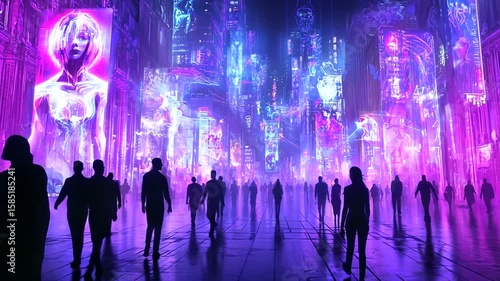 Wallpaper Mural Futuristic city street scene at night with people walking Torontodigital.ca