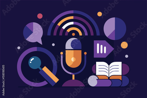 Podcast creation and online learning illustration featuring a microphone, book, and abstract design elements.